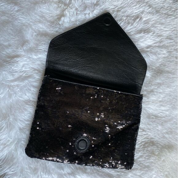 Alexis Hudson Hand Bag Fold Over Clutch Sequin Black Gold Lock No Strap - Picture 4 of 9